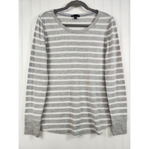 Gap Women's Grey White Striped Waffle Knit Thermal‎ Long Sleeve Top L Cozy